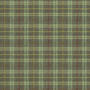 Fabric swatch of a green Scottish wool plaid check fabric for curtains and upholstery