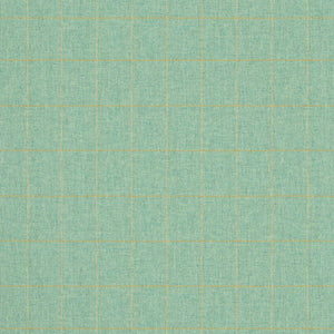 Fabric swatch of a turquoise Scottish wool windowpane check fabric for curtains and upholstery