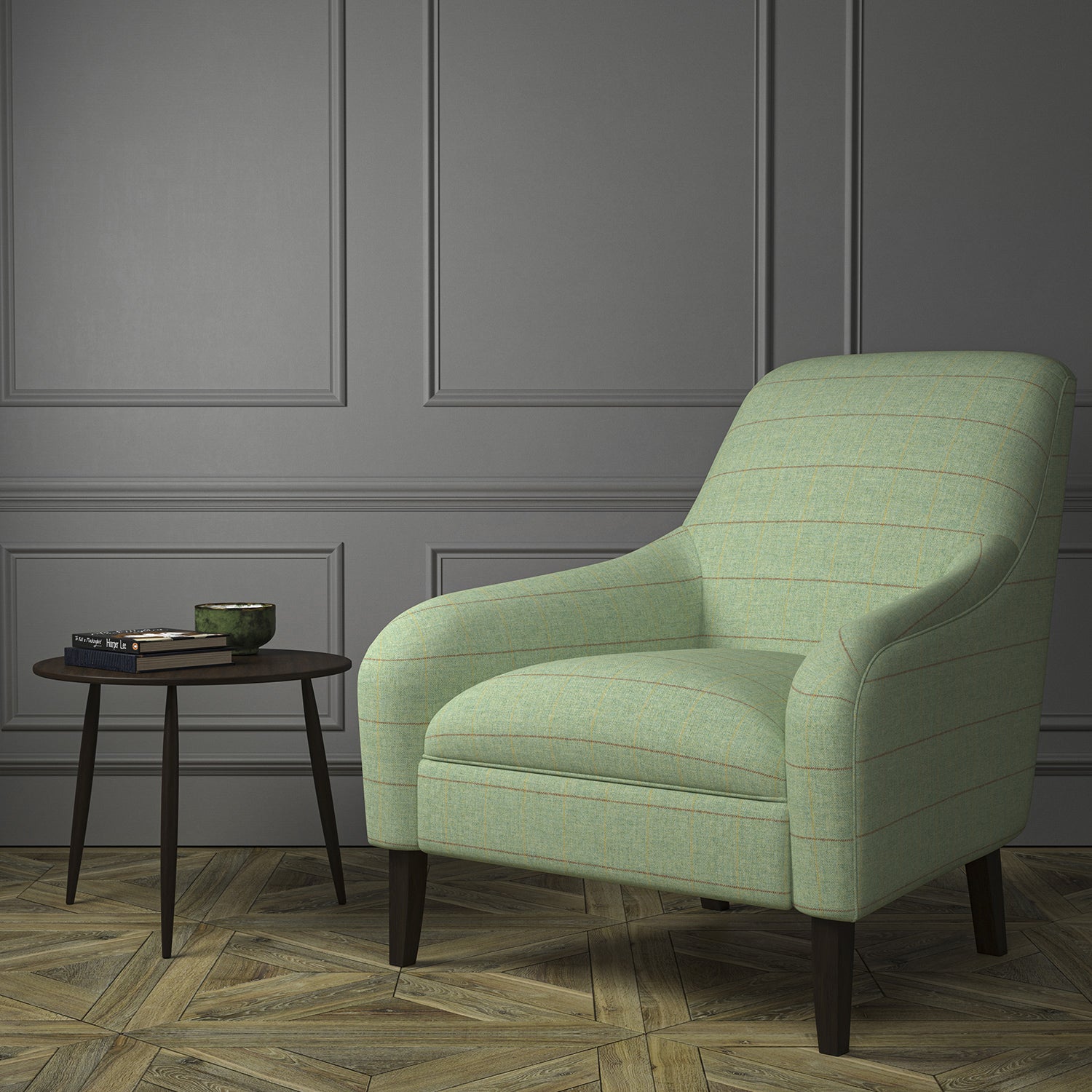 Chair upholstered in a green Scottish wool windowpane check fabric