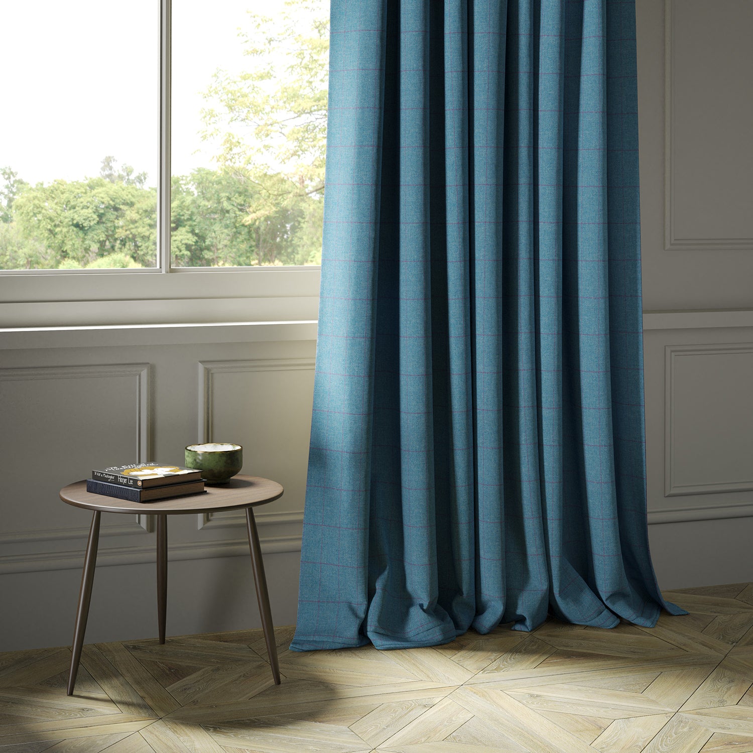 Curtains in a blue Scottish wool windowpane check fabric