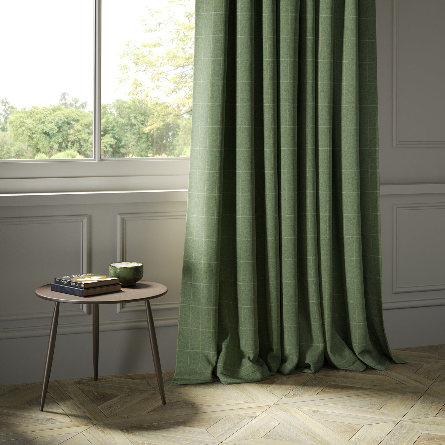 Curtains in a green Scottish wool windowpane check fabric