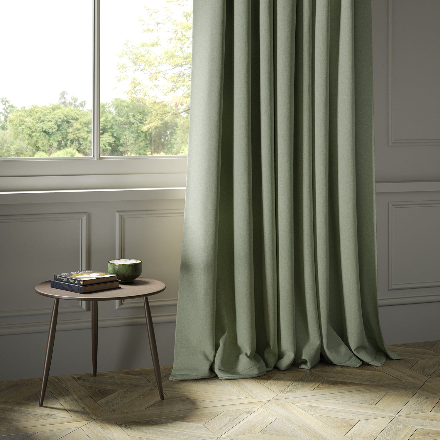 Curtains in a luxury Scottish plain light green wool fabric