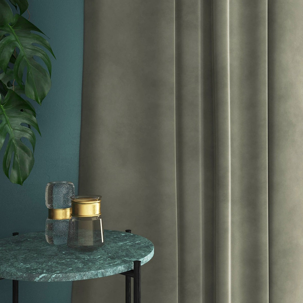 Grey velvet curtains with a stain resistant finish