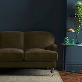 Sofa covered in a brown velvet upholstery fabric