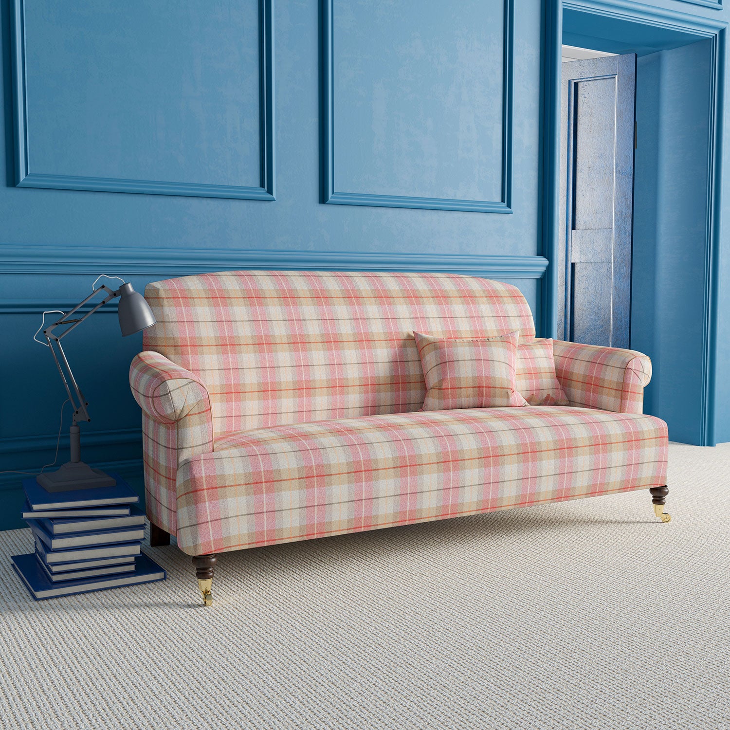 Sofa upholstered in light red and neutral wool fabric.