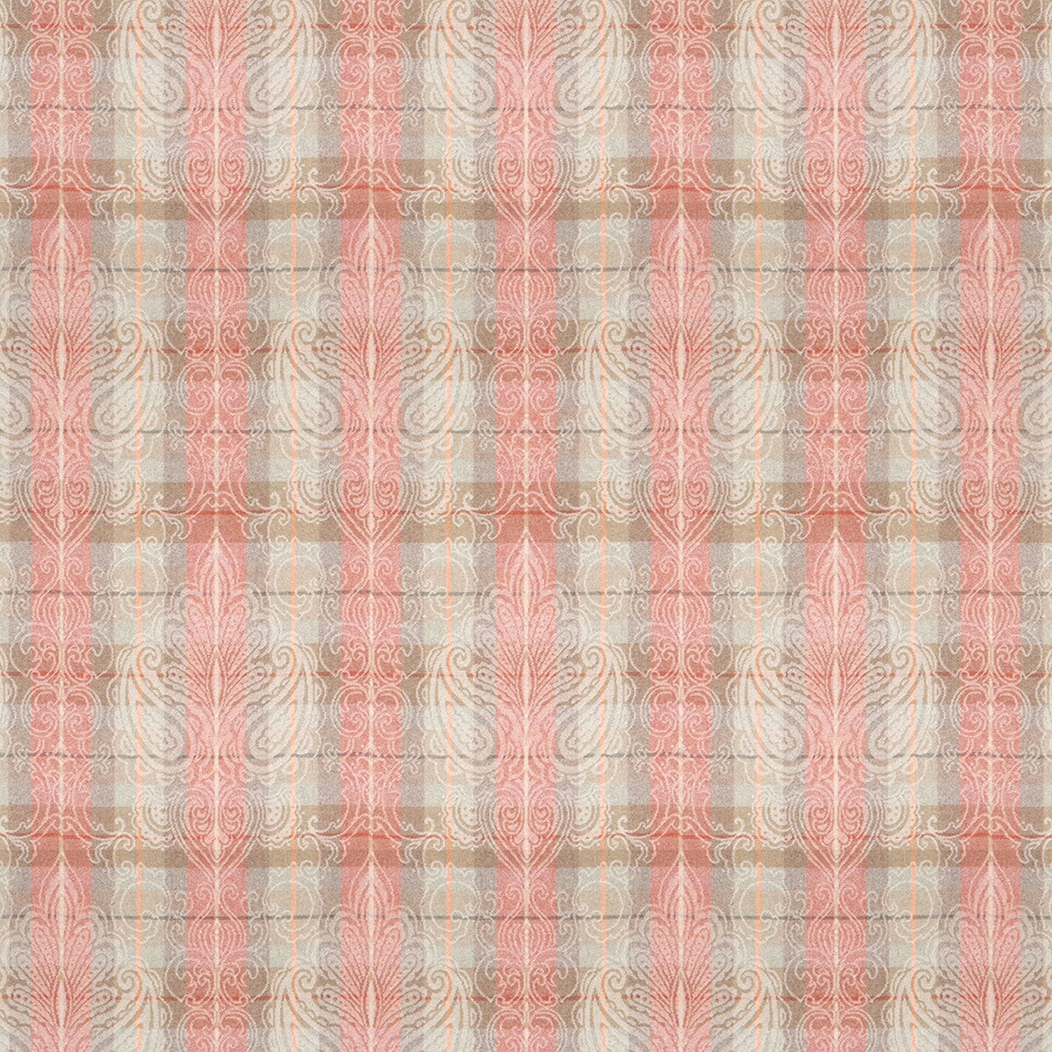 Wool fabric with red and neutral colour palette and light woven large damask design.