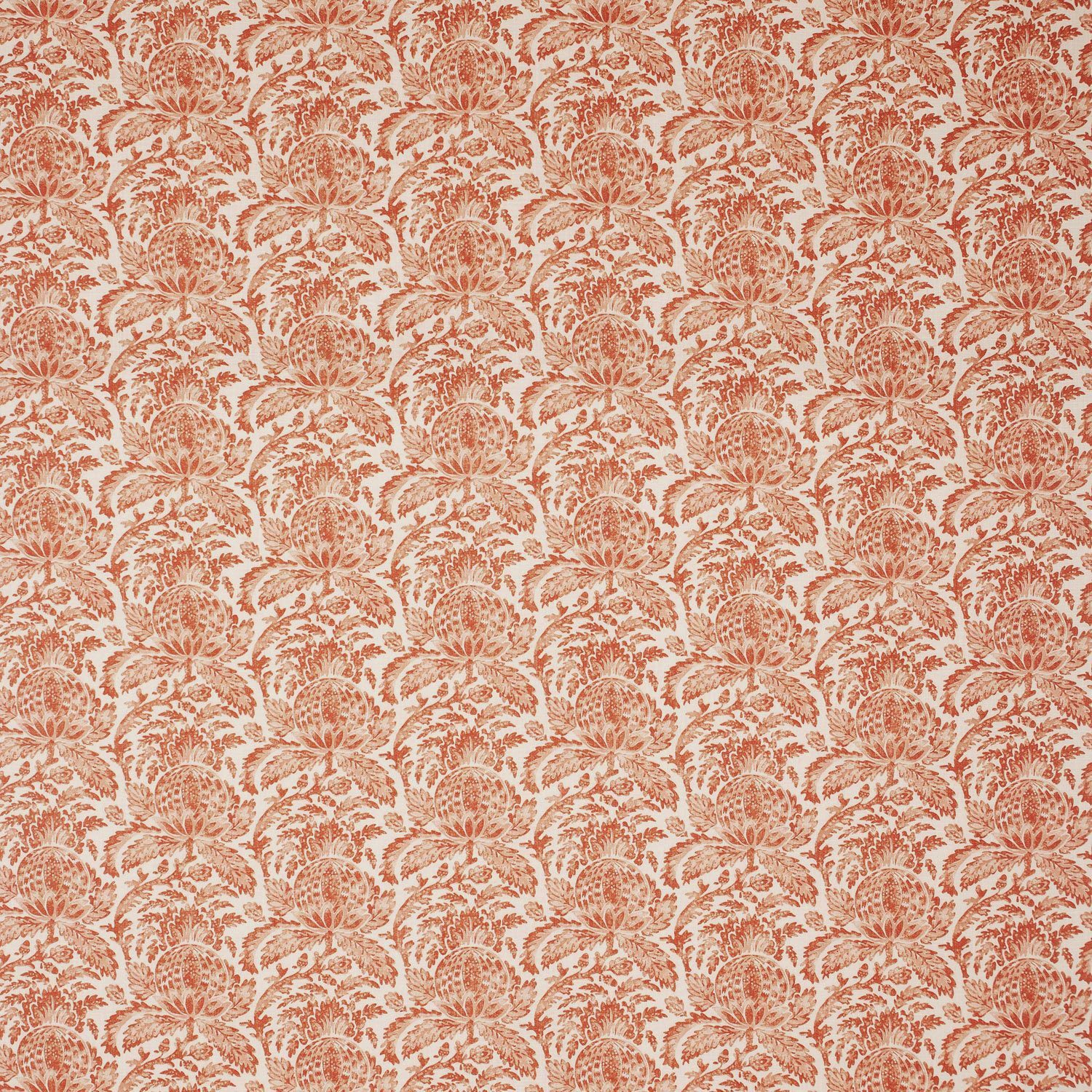 Fabric swatch of a light red vintage inspired floral and leaf design fabric for curtains and upholstery