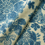 Fabric swatch of a blue floral damask fabric for curtains and upholstery