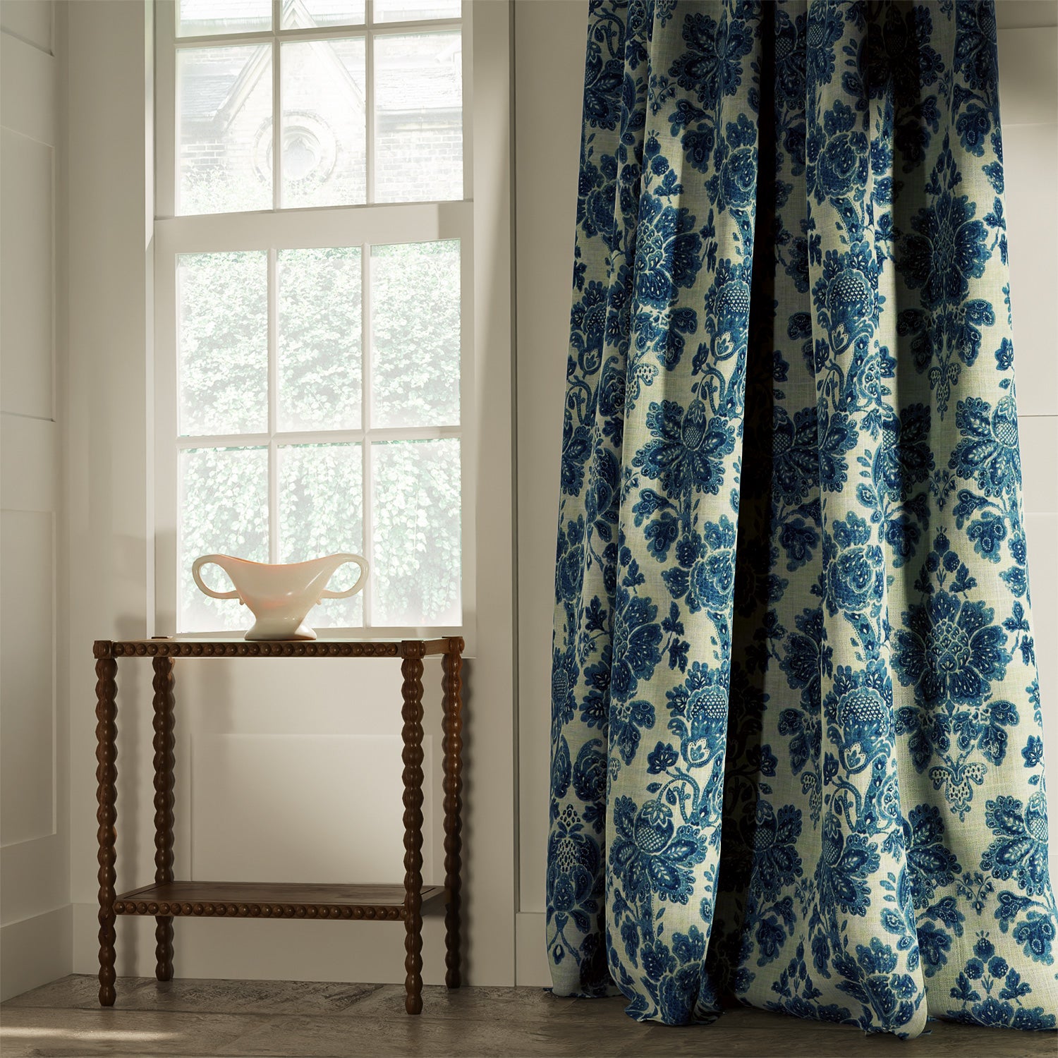 Curtains in a classic blue floral damask fabric