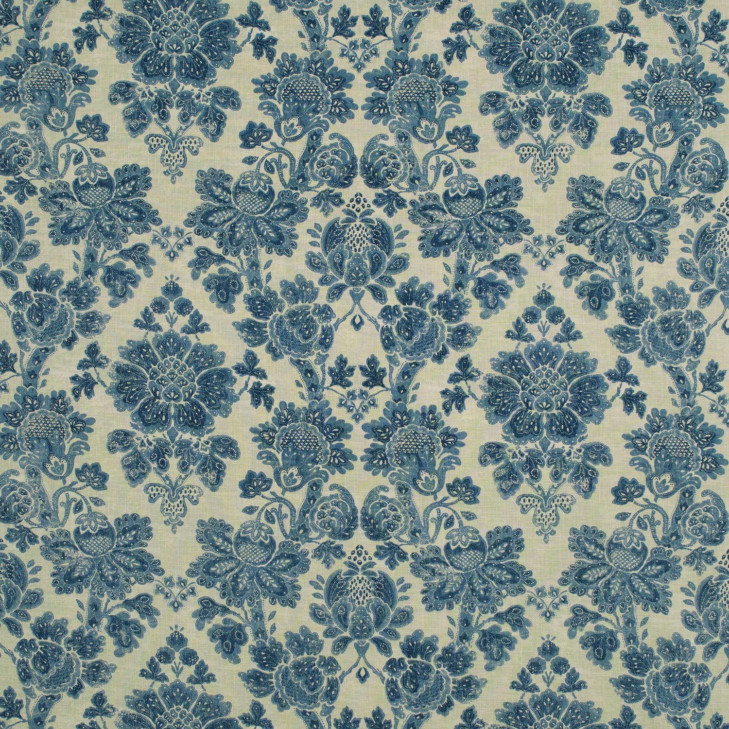 Fabric swatch of a blue floral damask fabric for curtains and upholstery