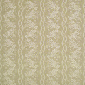 Fabric swatch of a beige floral fabric with striped design for curtains and upholstery