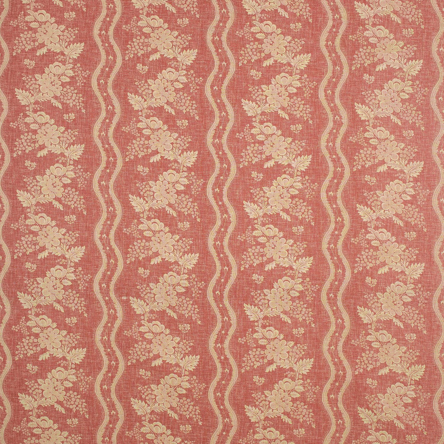 Fabric swatch of a red floral fabric with striped design for curtains and upholstery
