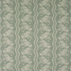 Fabric swatch of a duck egg coloured floral fabric with striped design for curtains and upholstery