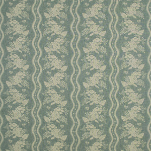 Fabric swatch of a blue floral fabric with striped design for curtains and upholstery