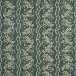 Fabric swatch of a navy floral fabric with striped design for curtains and upholstery