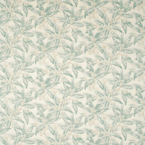 Fabric swatch of a blue floral and leaf design fabric for curtains and upholstery