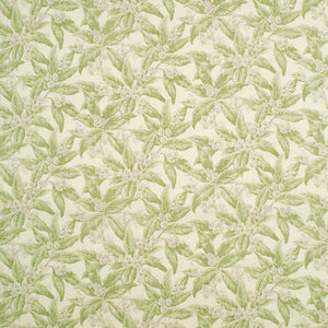 Fabric swatch of a light green floral and leaf design fabric for curtains and upholstery