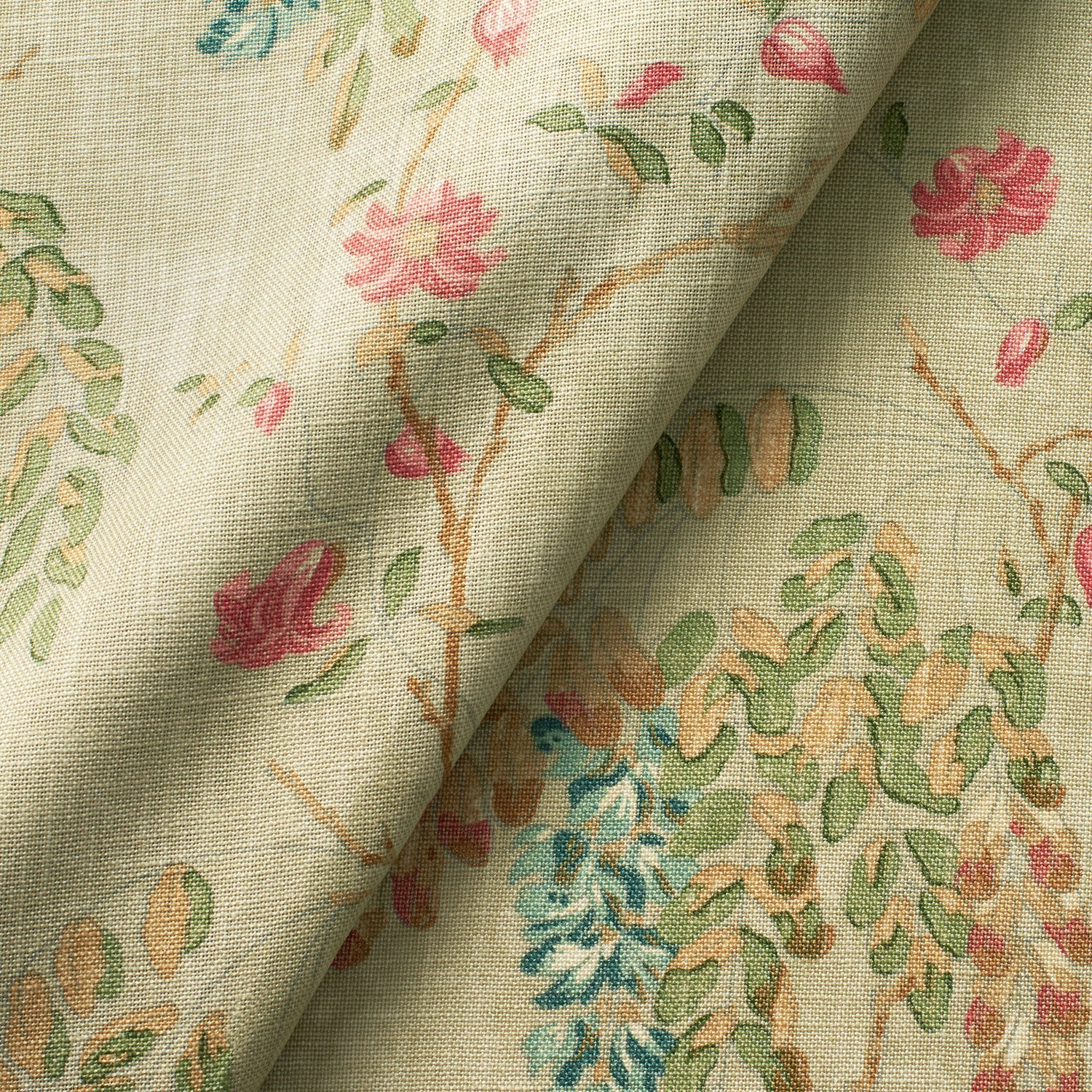 Fabric swatch of a green wisteria floral design fabric for curtains and upholstery