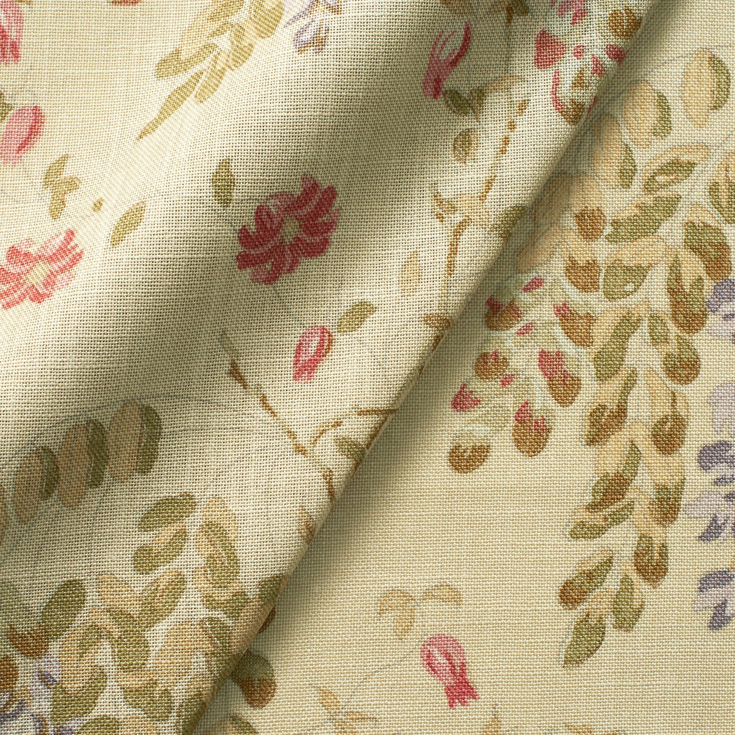 Fabric swatch of a neutral and green wisteria floral design fabric for curtains and upholstery
