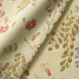 Fabric swatch of a neutral and green wisteria floral design fabric for curtains and upholstery
