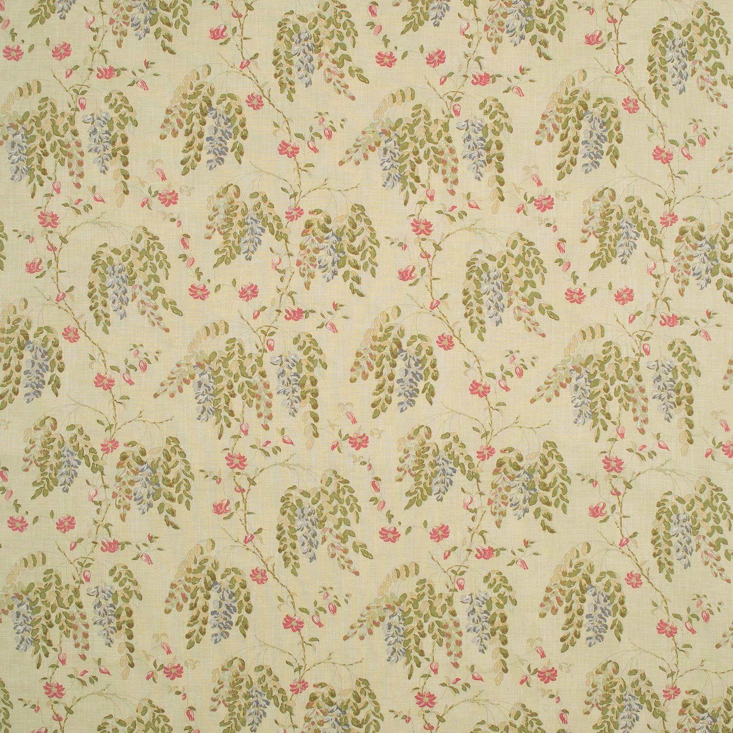 Fabric swatch of a neutral and green wisteria floral design fabric for curtains and upholstery