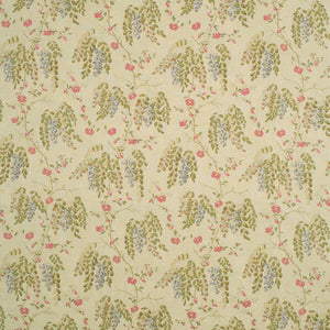 Fabric swatch of a neutral and green wisteria floral design fabric for curtains and upholstery
