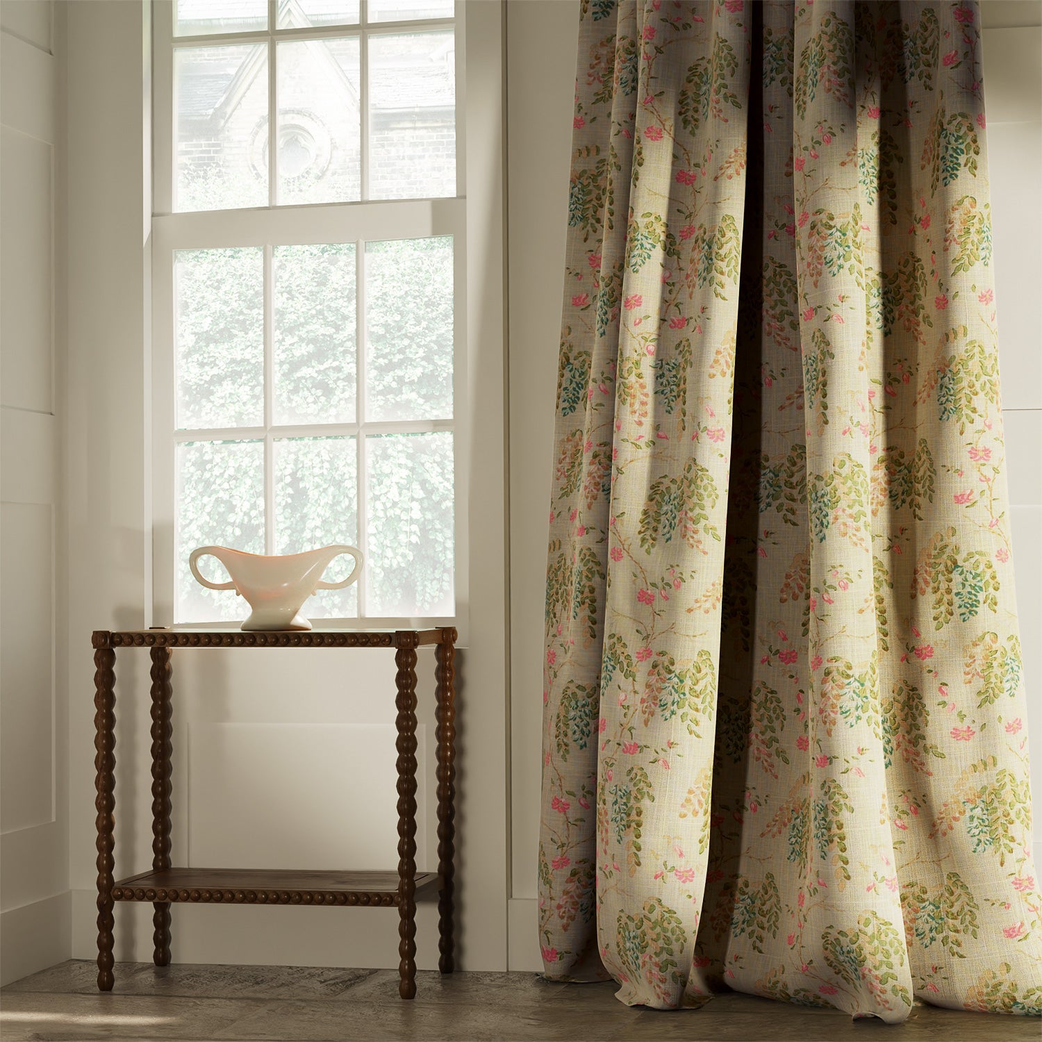 Curtains in a classic neutral and green wisteria floral bouquet fabric
