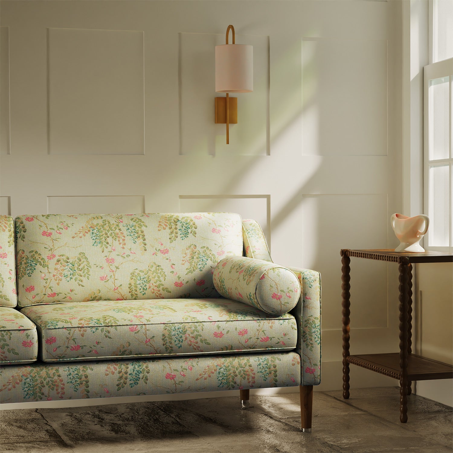Sofa upholstered in a luxury green wisteria floral bouquet fabric