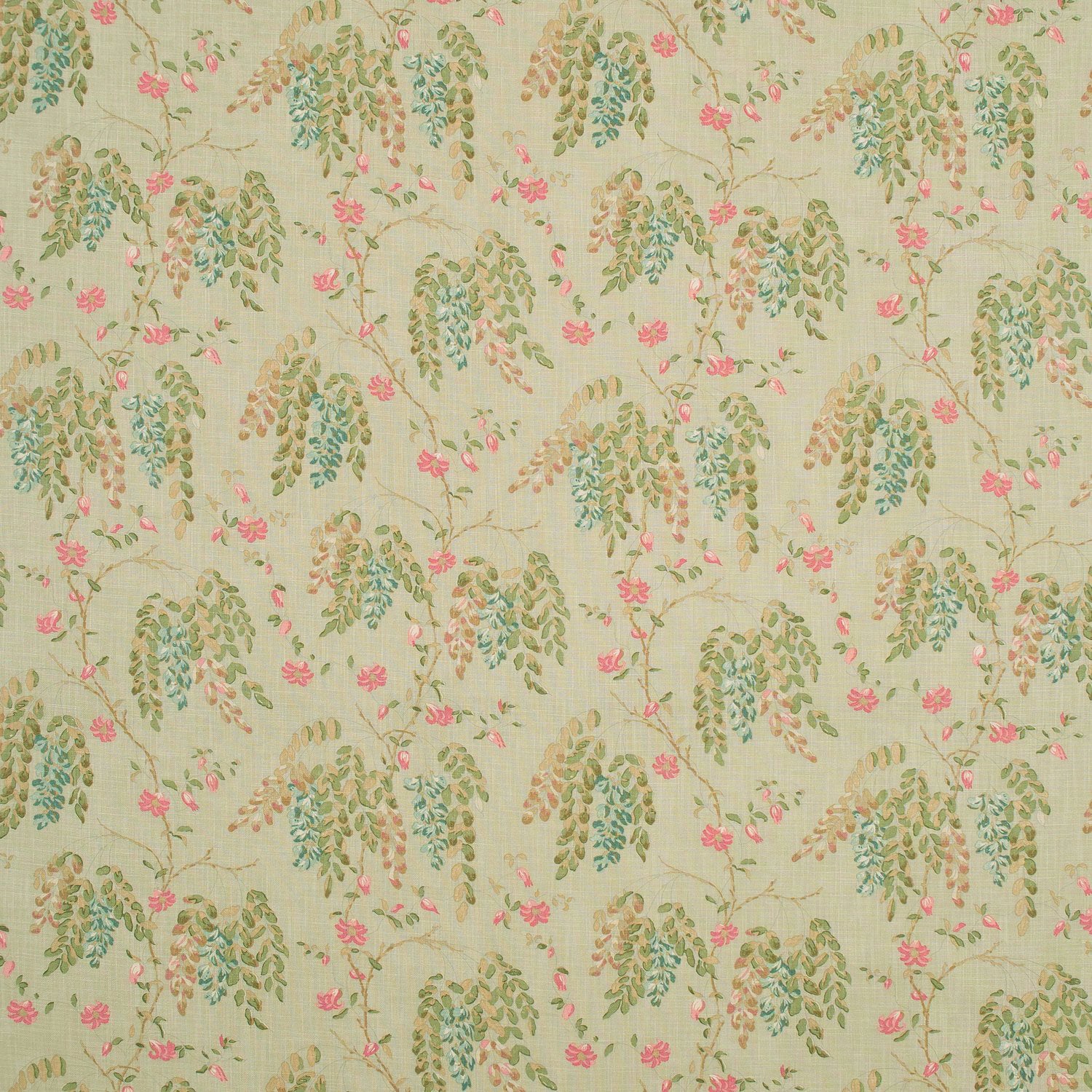 Fabric swatch of a green wisteria floral design fabric for curtains and upholstery