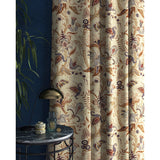 Curtains with a cream fabric with a stylised floral design