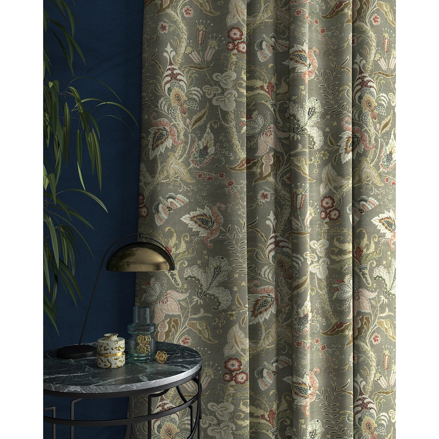 Curtain with a grey fabric with stylised floral design