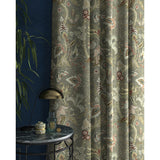 Curtain with a grey fabric with stylised floral design