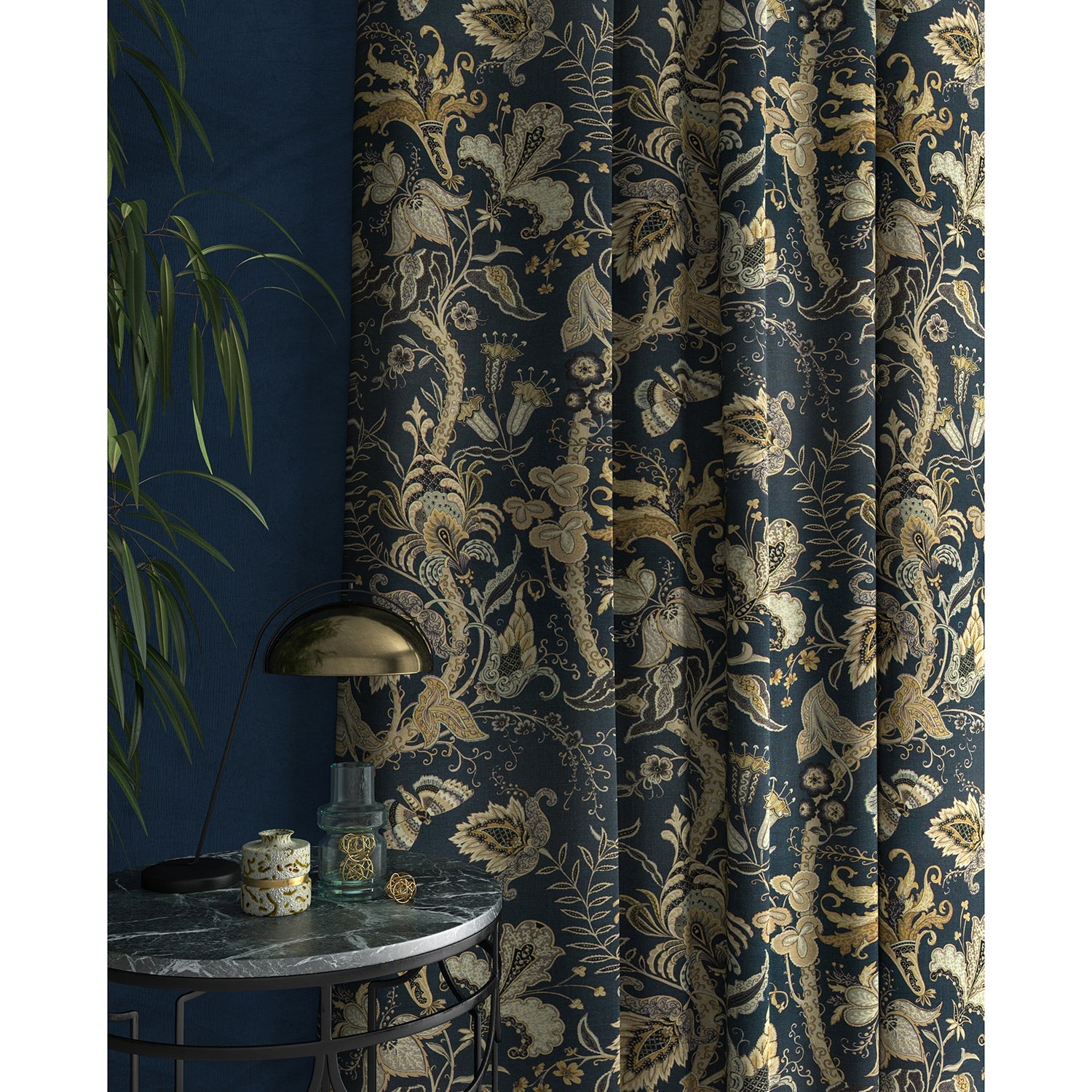 Curtains in a navy blue fabric with stylised floral design
