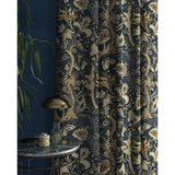 Curtains in a navy blue fabric with stylised floral design
