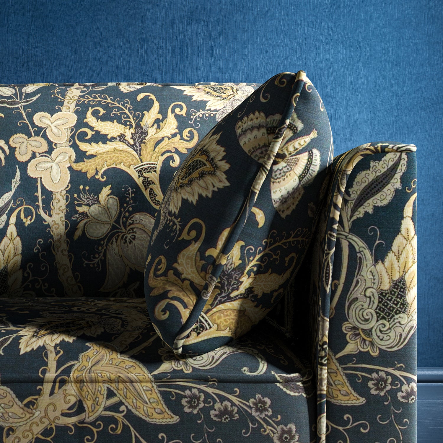 Sofa with a navy blue fabric with stylised floral design