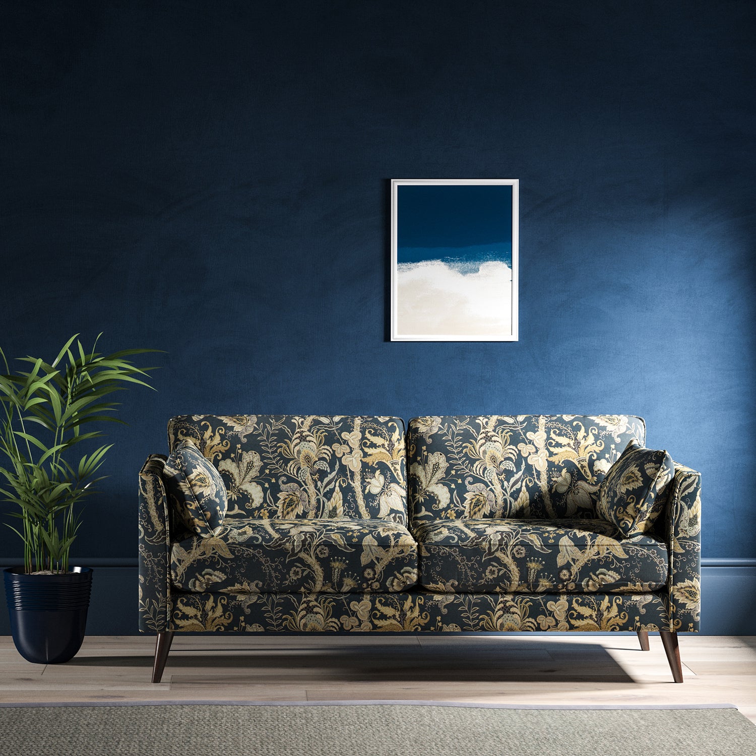 Sofa with a navy blue fabric with stylised floral design