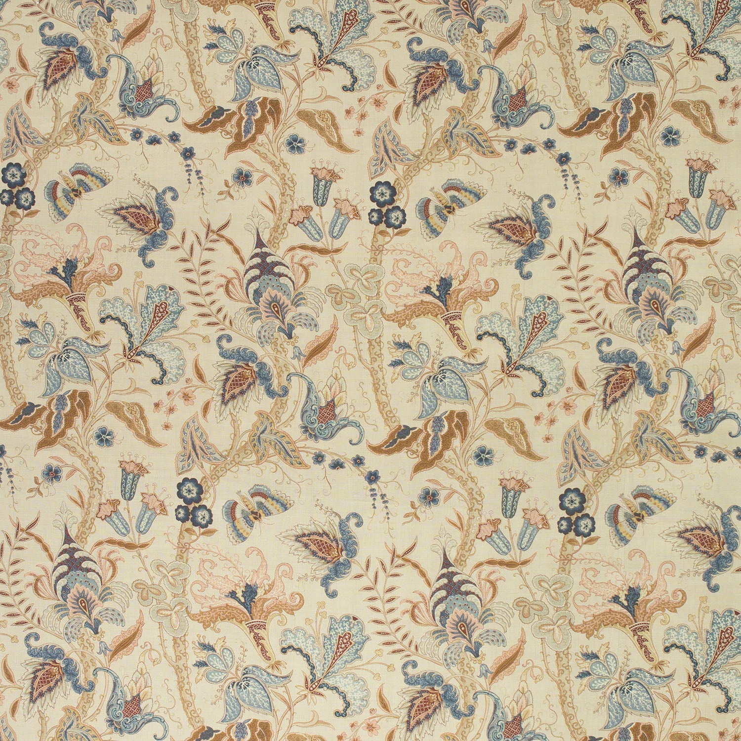 Fabric swatch of a cream fabric with a stylised floral design