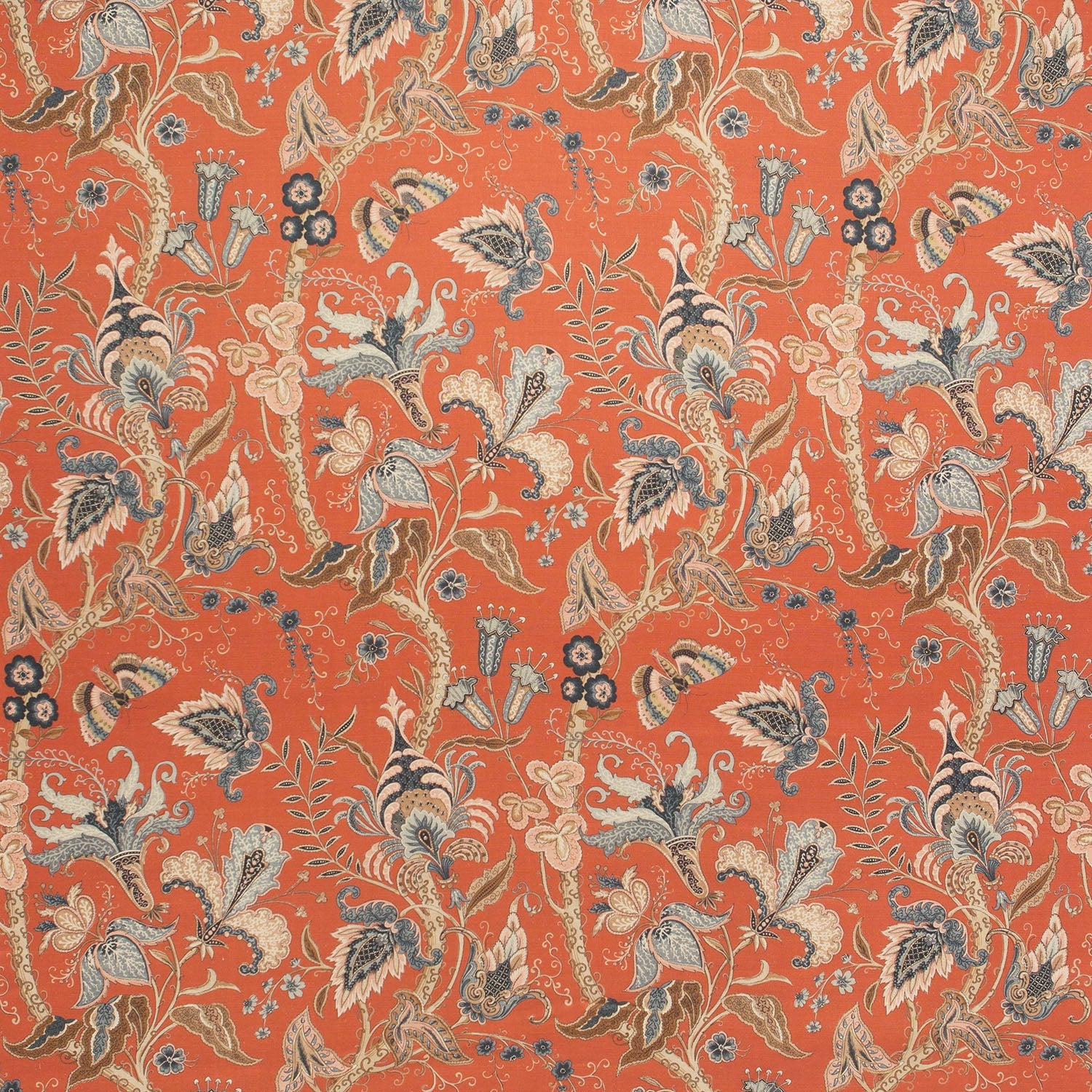 Fabric swatch of a orange fabric with a stylised floral design