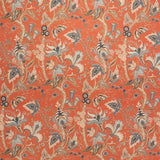 Fabric swatch of a orange fabric with a stylised floral design