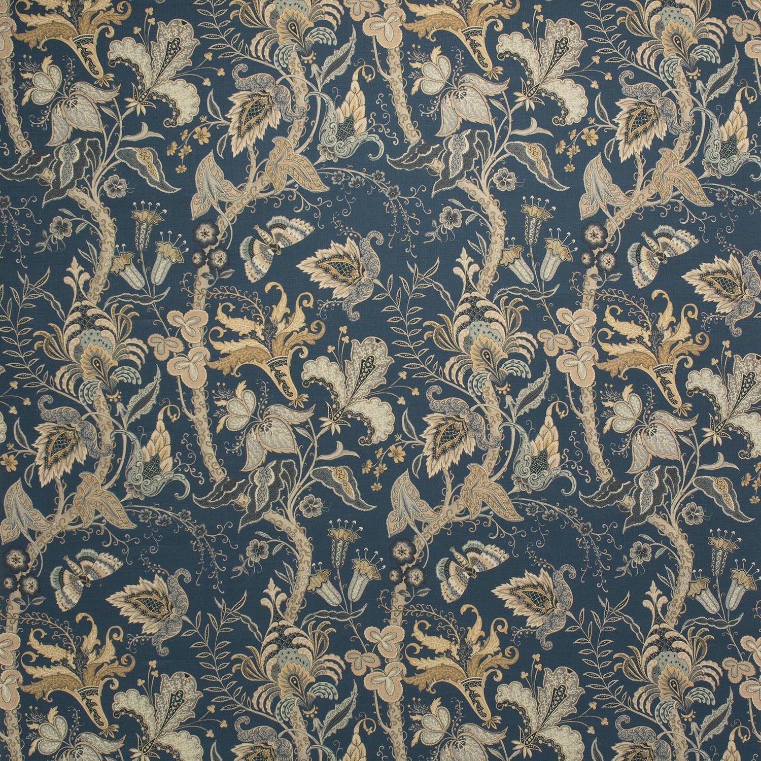 Fabric swatch of a blue fabric with stylised floral design