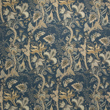 Fabric swatch of a blue fabric with stylised floral design