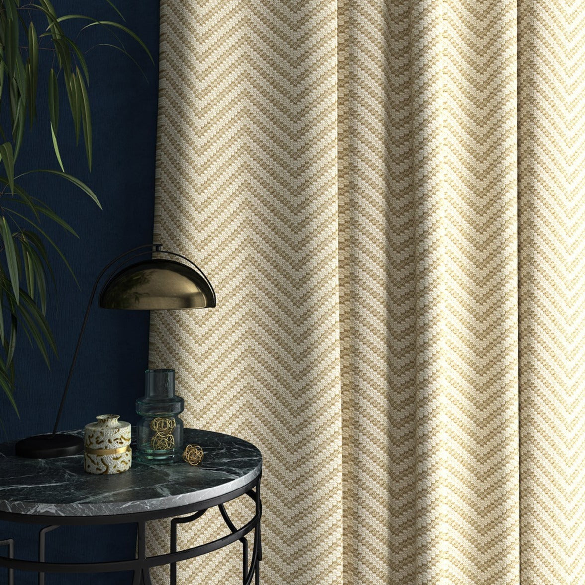 Curtain in a light neutral herringbone weave fabric
