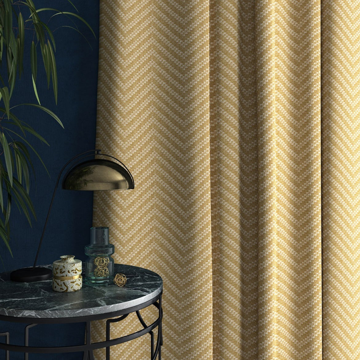 Curtain in a light yellow and neutral herringbone weave fabric