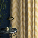 Curtain in a light yellow and neutral herringbone weave fabric