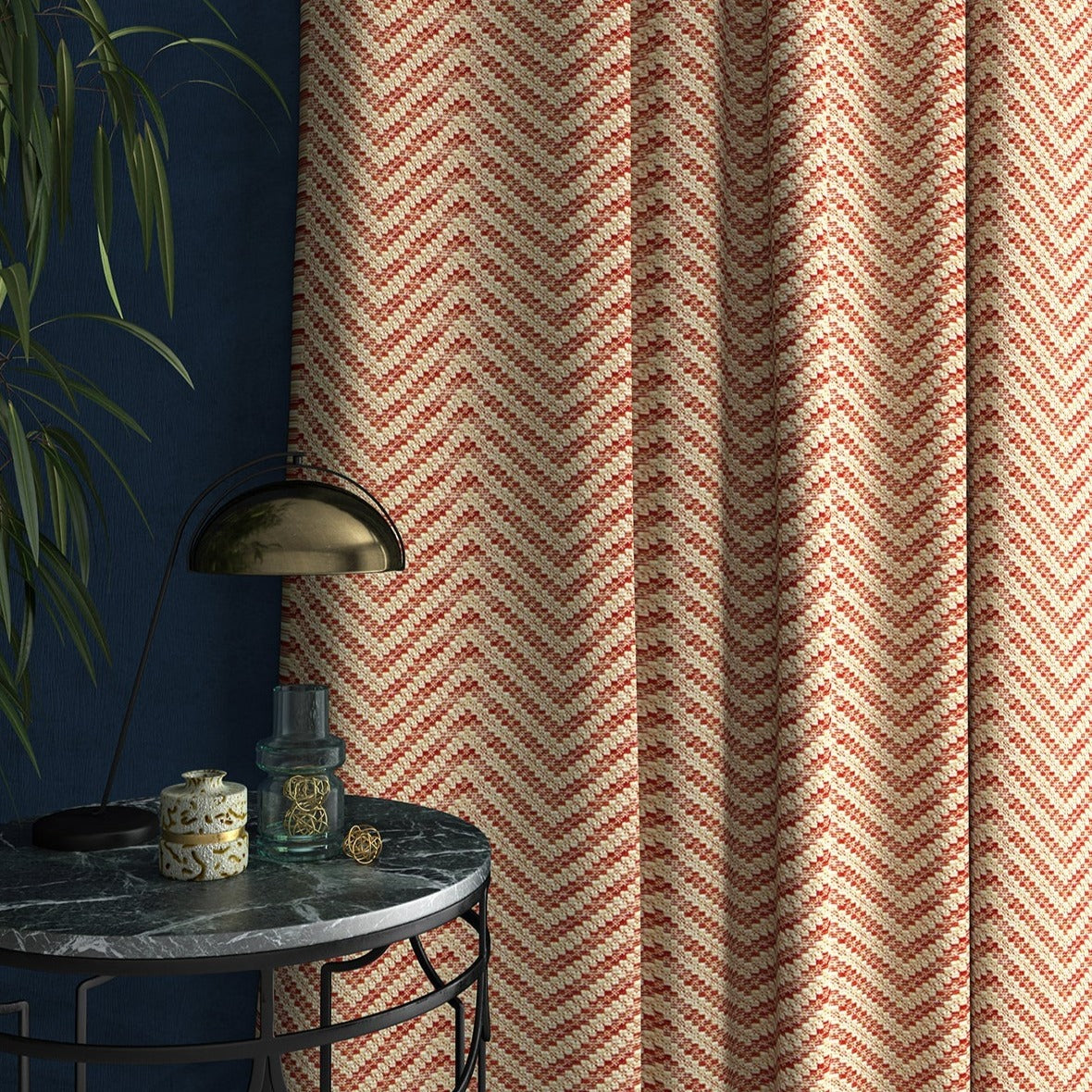 Curtain in a red and neutral herringbone weave fabric