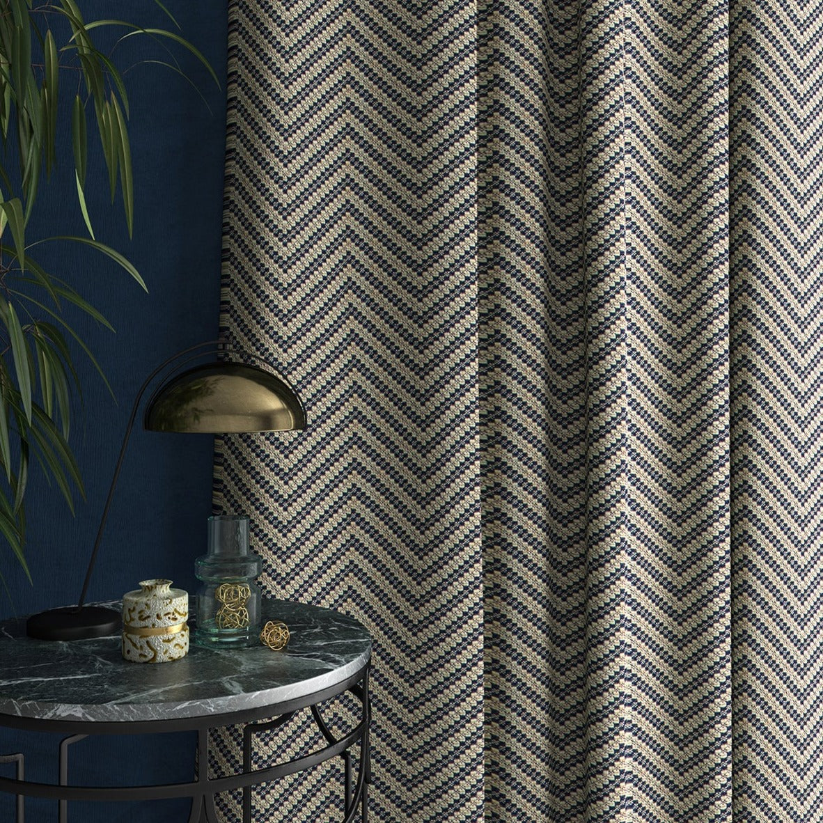 Curtain in a navy and neutral herringbone weave fabric