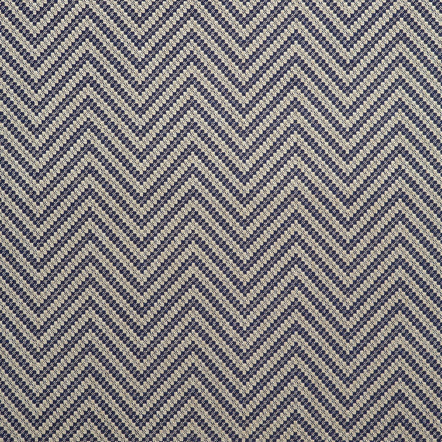 Fabric swatch of a navy and neutral herringbone weave fabric for curtains and upholstery
