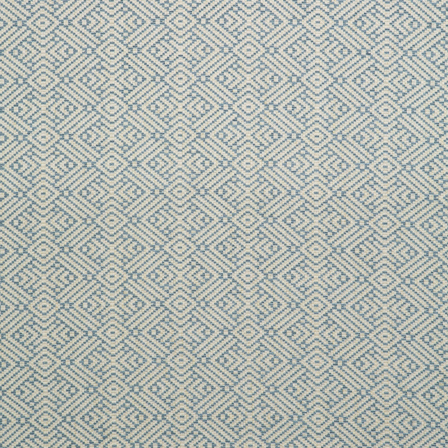 Fabric swatch of a blue and neutral geometric weave fabric for curtains and upholstery