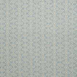 Fabric swatch of a blue and neutral geometric weave fabric for curtains and upholstery