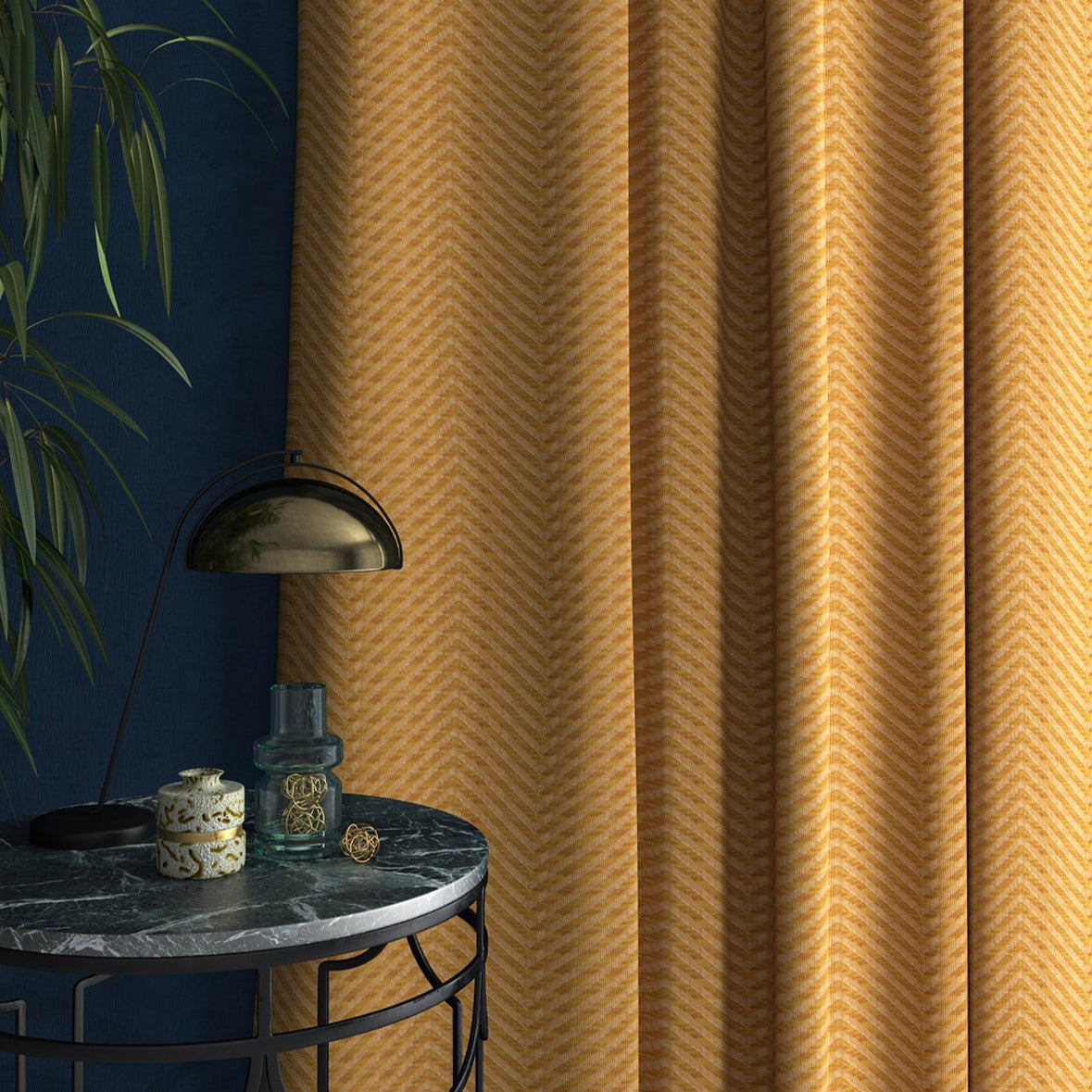 Curtain in a yellow herringbone fabric